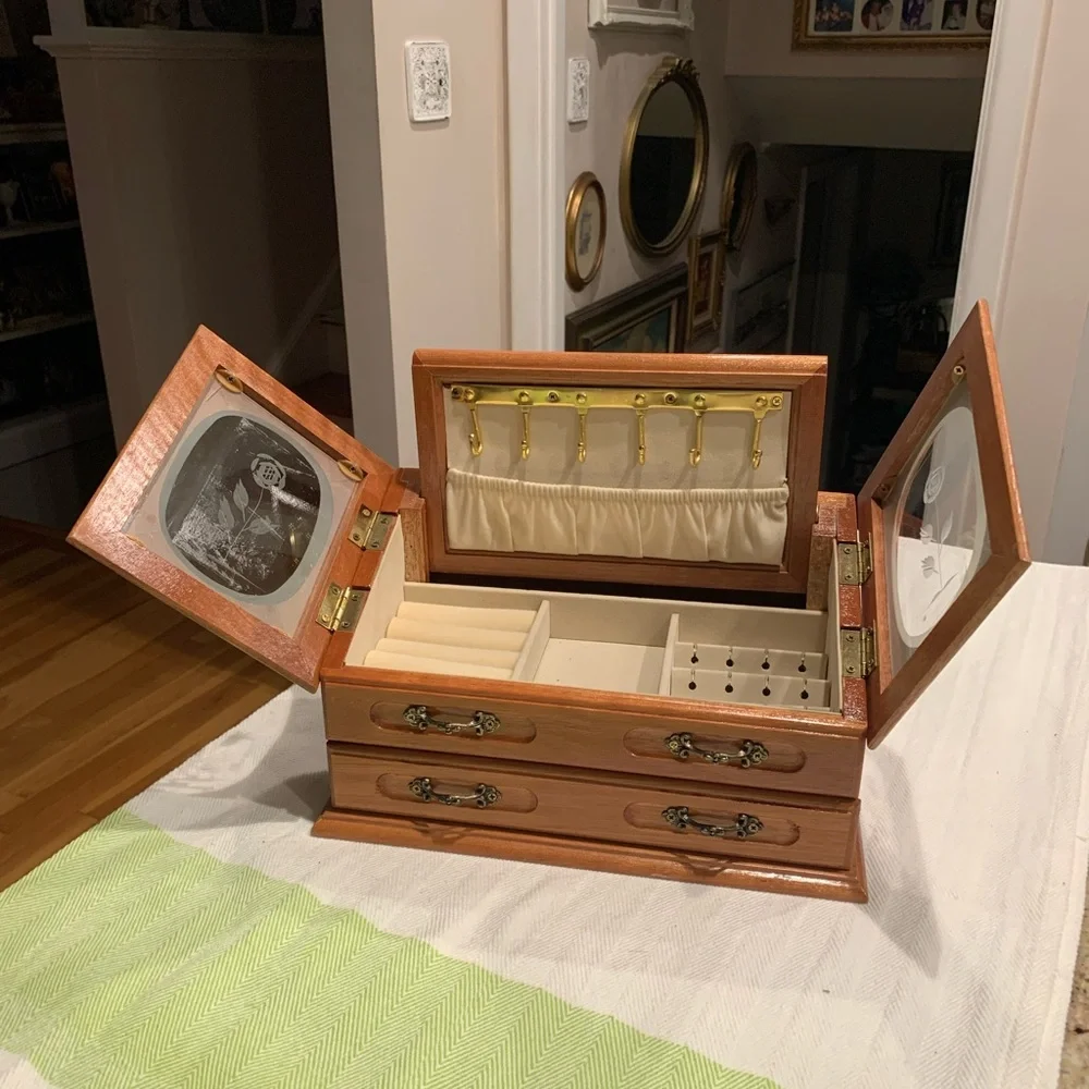Vintage Jewelry Box, Etched Roses Glass doors Wooden Jewelry Box